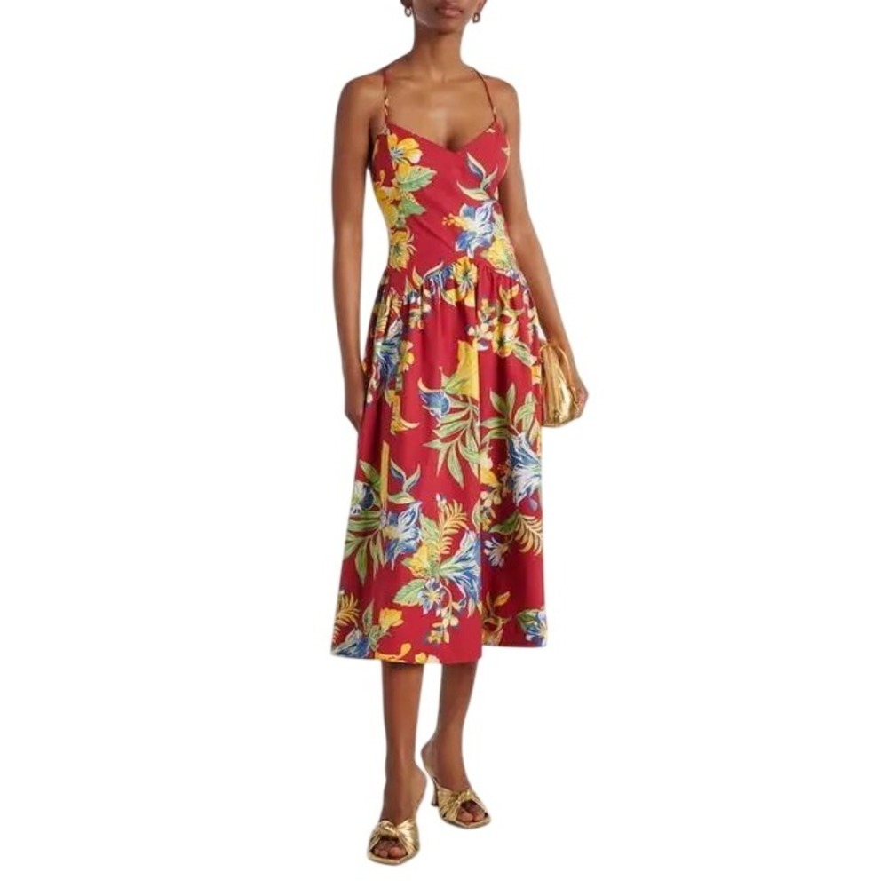 Polo Ralph Lauren Floral Tropical Cotton Red Midi Sun Dress Womens Size 6 NEW